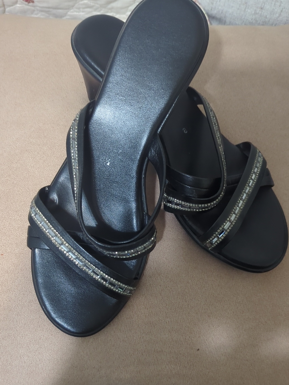 Italian Shoemakers Black Wedge Slide Sandals with Rhinestone Straps